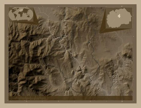 Veles, Macedonia. Elevation map colored in sepia tones with lakes and rivers Illustrazione stock