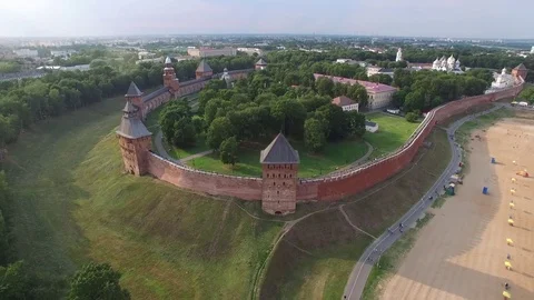 Veliky Novgorod Kremlin Detinets historical wall Russia Volkhov River Aerial Stock Footage