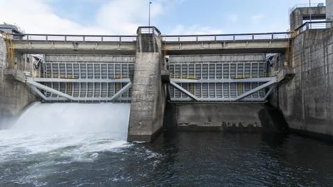 Velle electrical dam generating hydroelectric power in Ourense Stock Photos