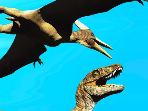 Velociraptor and pterodactyl 3d rendering Illustrazione stock