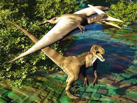 Velociraptor and pterodactyl 3d rendering Stock Illustration