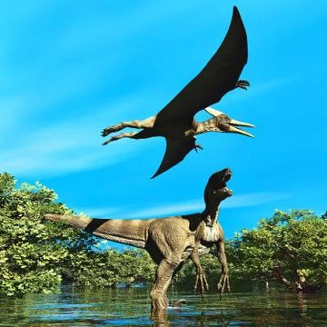 Velociraptor and pterodactyl 3d rendering Stock Illustration