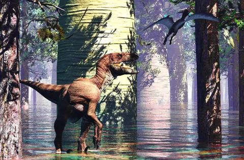 Velociraptor and pterodactyl 3d rendering Illustrazione stock