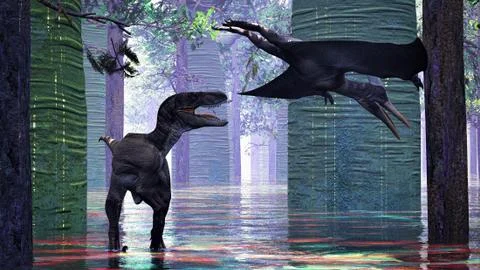 Velociraptor and pterodactyl 3d rendering Stock-Illustration