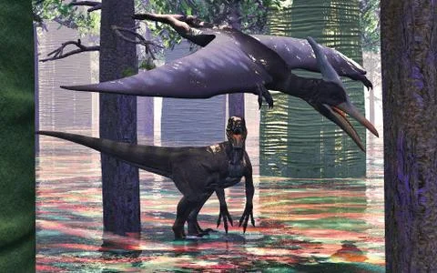 Velociraptor and pterodactyl 3d rendering Stock Illustration