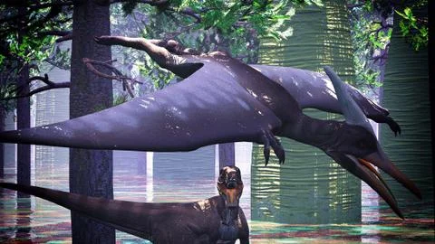 Velociraptor and pterodactyl 3d rendering Stock Illustration