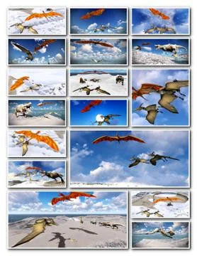 Velociraptor and pterodactyl 3d rendering Stock Illustration