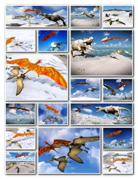 Velociraptor and pterodactyl 3d rendering Stock Illustration