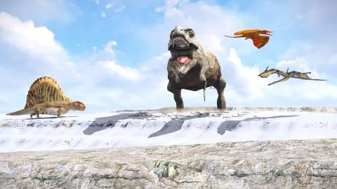 Velociraptor and pterodactyl 3d rendering Stock Illustration