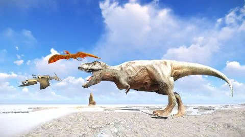 Velociraptor and pterodactyl 3d rendering Stock Illustration