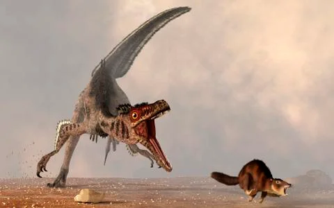 A velociraptor chasing a rat sized mammal. Stock Illustration