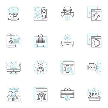 Vend Merchandise linear icons set. Sales, Vending, Products, Pop-up, Kiosk Stock Illustration