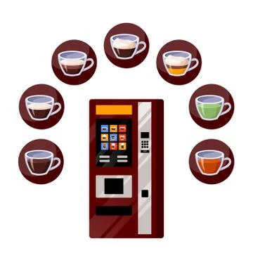 Vending automatic machine, tea and coffee drinks icons. Vector flat cartoon i Stock Illustration