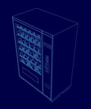 Vending machine with a blue background is shown in a blue drawing. The machine 스톡 일러스트