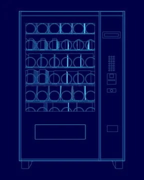 Vending machine with a blue background. The vending machine is full of cups and Stock Illustration
