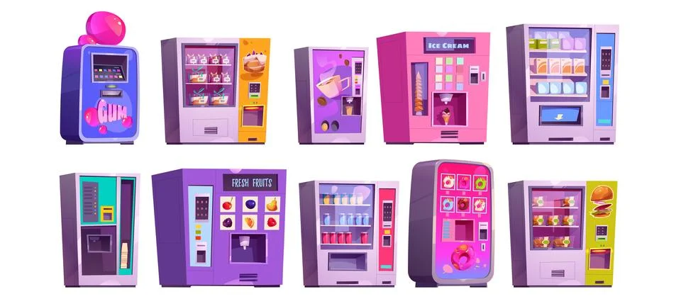Vending machine cartoon vector illustration set Stock Illustration