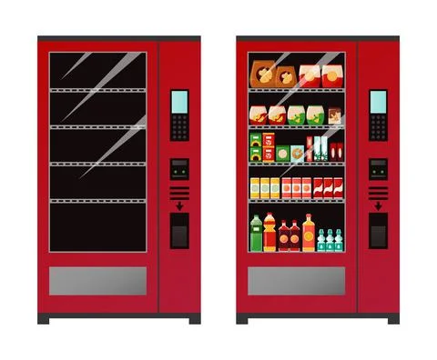 Vending machine. Empty and full automat of snacks or drinks. Equipment for sale Stock Illustration