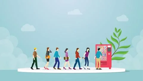 Vending machine queue with many people concept with modern flat style - vecto Stock Illustration
