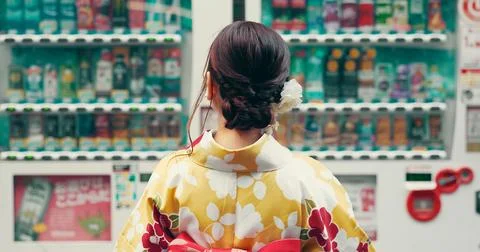 Vending machine, thinking and back of Japanese woman in kimono for food choice Stock Photos