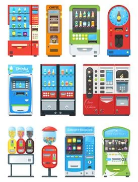 Vending machine vector vend food or beverages with candies and vendor machinery Ilustración de archivo