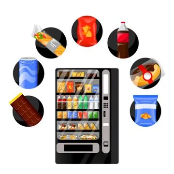 Vending snacks automatic machine and fast food icons. Vector flat cartoon ill Stock Illustration