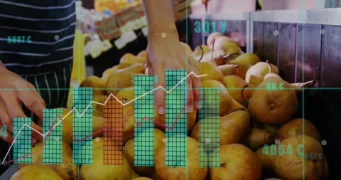 Vendor and customer hands reaching pears, starting analytics overlay while Stock Footage 334316142