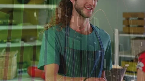 Vendor arranging skewers, sample cups in food stall, customer approaching, Stock Footage 332296777