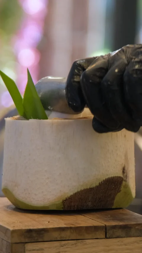 Vendor placing ice cream scoops inside coconut Stock Footage 346147139