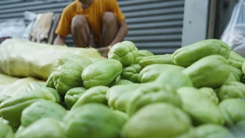 Vendor Taking and Arranging Fresh Chayote from a Sack at Local Market Stock Footage 341646113