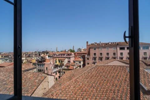 Venetian Rooftop View Through Window Stock Photos