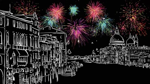 Venezia With Bright Firework Animation Stock Footage 68740313