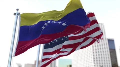 Venezuela and United States Flags Waving on Flagpoles. Seamless Stock Footage 297383553