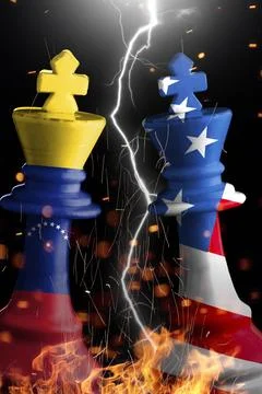 Venezuela and us flags paint over on chess king. 3D illustration Venezuela .. Stock Illustration