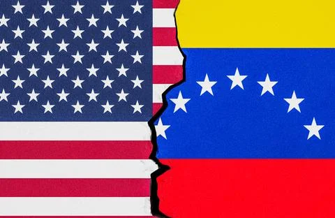Venezuela and USA flags split by crack, diplomatic conflict concept. 3D ren.. Stock Illustration