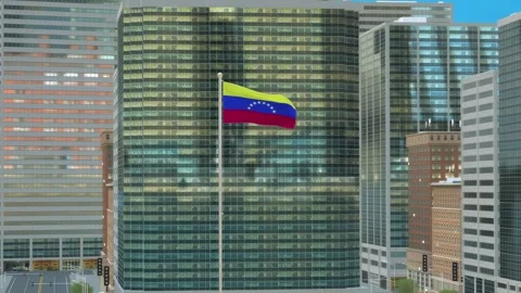 Venezuela Flag 3D Render Animation on Pole with Modern Business District Bui Stock-Footage 332878544