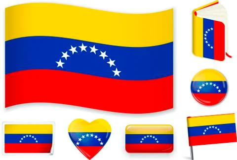 Venezuela flag wave, book, circle, pin, button, heart and sticker. Stock Illustration