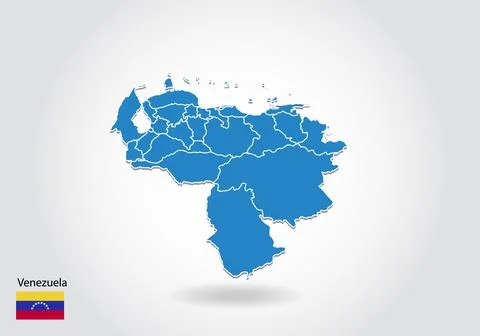 Venezuela map design with 3D style. Blue Venezuela map and National flag. Sim Stock Illustration