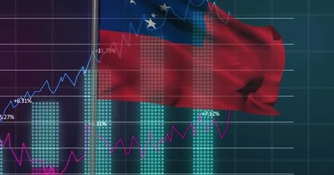 Venezuelan flag waving in data interface, with dotted cyan bar chart line graphs Stock Photos