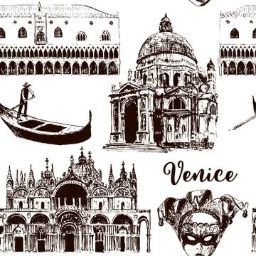 Venice architectural symbols seamless pattern vector set: Carnival mask, palazzo Stock Illustration