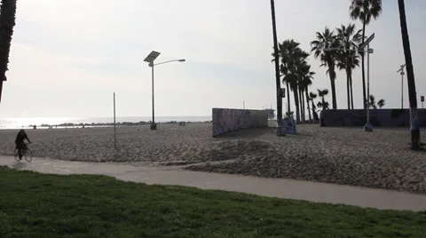 Venice Beach Bicycle Path - Afternoon Establishing -People Riding Bikes Stock Footage 38157750