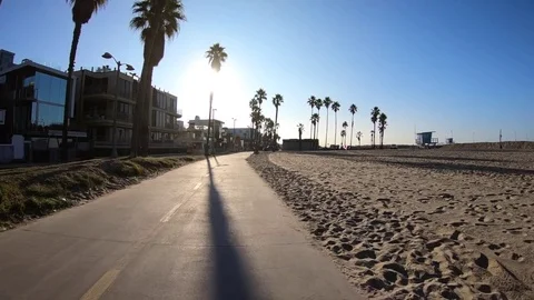 Venice Beach California Slow Motion Morning Bike Path Stock Footage