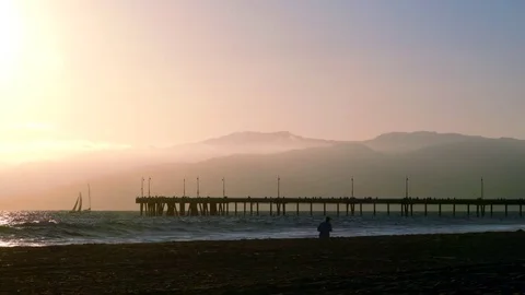 Venice Beach sunset timelapse with pier and mountains Stock Footage 70992048