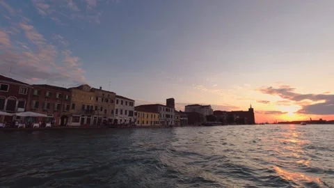 Venice cafe from water at sunset Stock Footage 191048146
