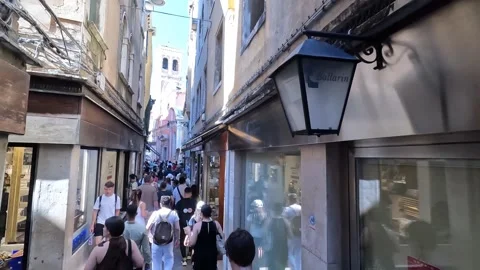 Venice - Crowded Narrow Street with Shops and Pedestrians Stock Footage 341387997