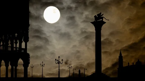 Venice: Dark Night with Full Moon and Bright Clouds in San Marco Square, Italy Stock Footage 112892194