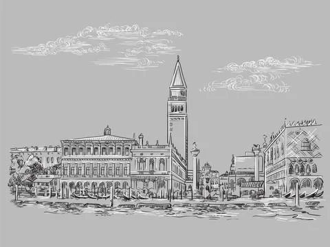 Venice drawing vector illustration St Mark Square gray Stock Illustration