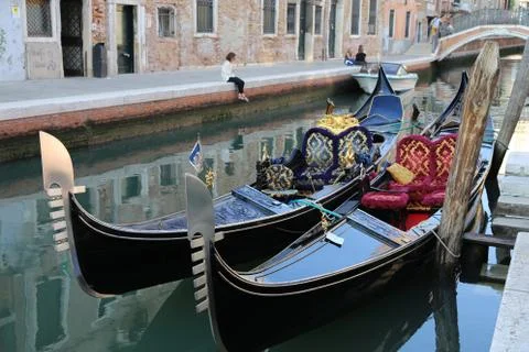 Venice gondolas docked Stock Photos