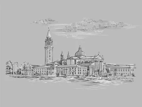 Venice hand drawing vector illustration panorama gray Stock Illustration