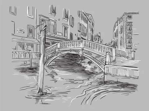 Venice hand drawing vector illustration canal on gray Stock Illustration