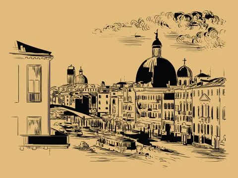 Venice hand drawing vector illustration Grand canal brown Stock Illustration